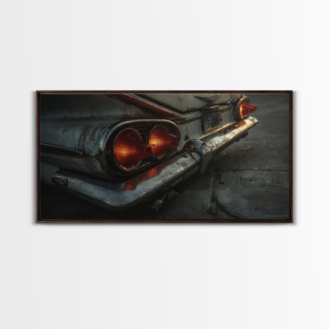 Classic Car Tail Lights Glowing at Dusk Framed Canvas Print, Garage Art, Art Print, Garage Decor, Motor, Canvas Wall Art, GAR-2x1-12