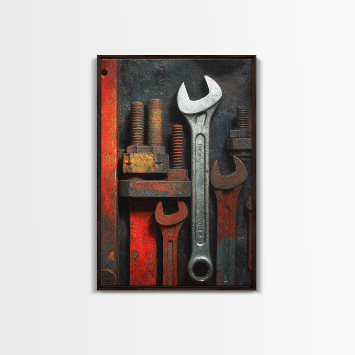 Wrench and Bolts Arranged Like Old Master Framed Canvas Print, Garage Art, Boho Decor, Garage Decor, Abstract Art, Motor, GAR-2x3-2