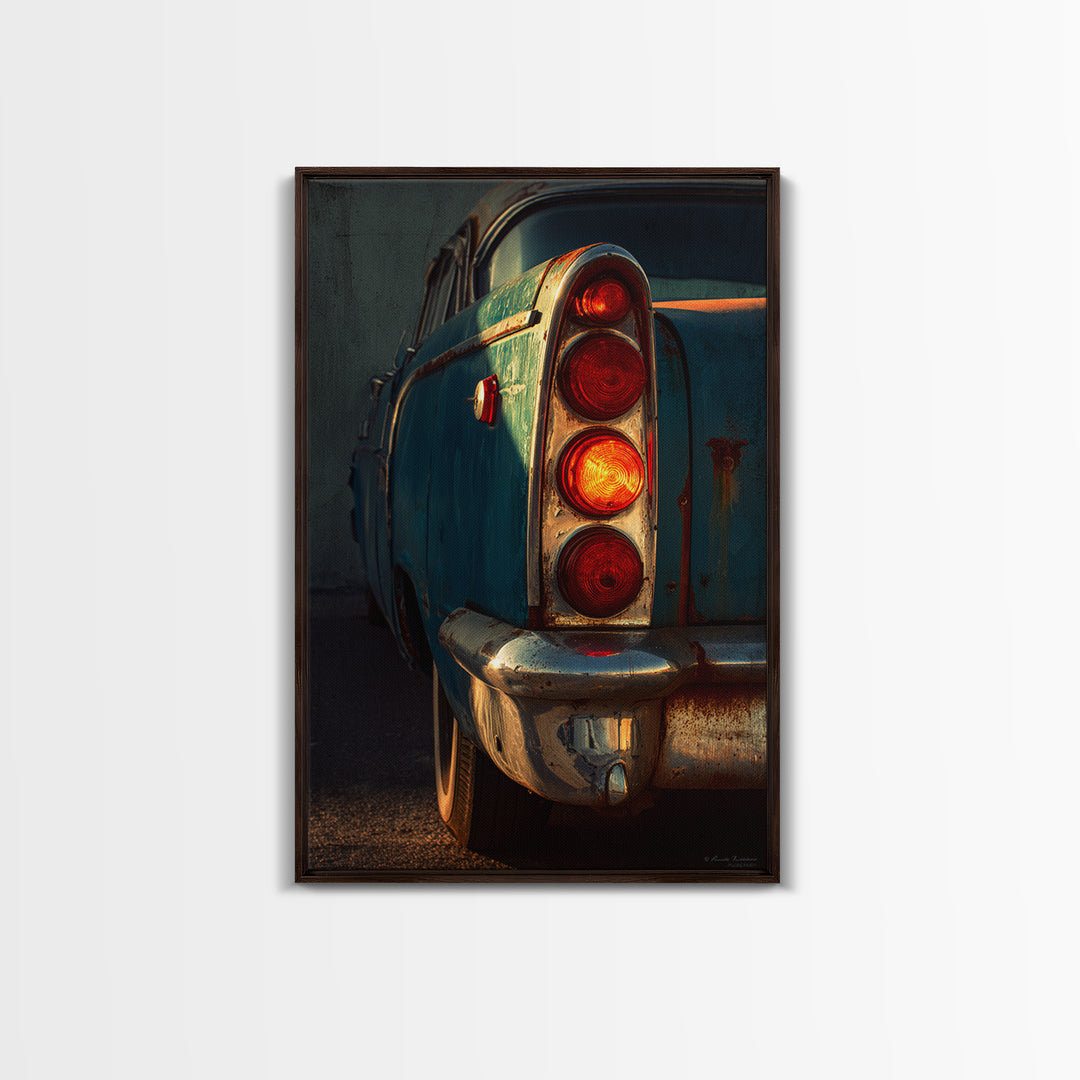 Classic Car Tail Lights Glowing at Dusk Framed Canvas Print, Garage Art, Automotive Decor, Garage Decor, Fine Art, Motor, GAR-2x3-24