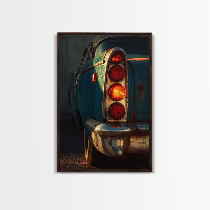 Classic Car Tail Lights Glowing at Dusk Framed Canvas Print, Garage Art, Automotive Decor, Garage Decor, Fine Art, Motor, GAR-2x3-24