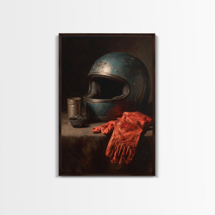 Motorcycle Helmet and Leather Gloves Still Life Canvas Print, Garage Art, Canvas Print, Garage Decor, Fine Art, Motor, GAR-2x3-65