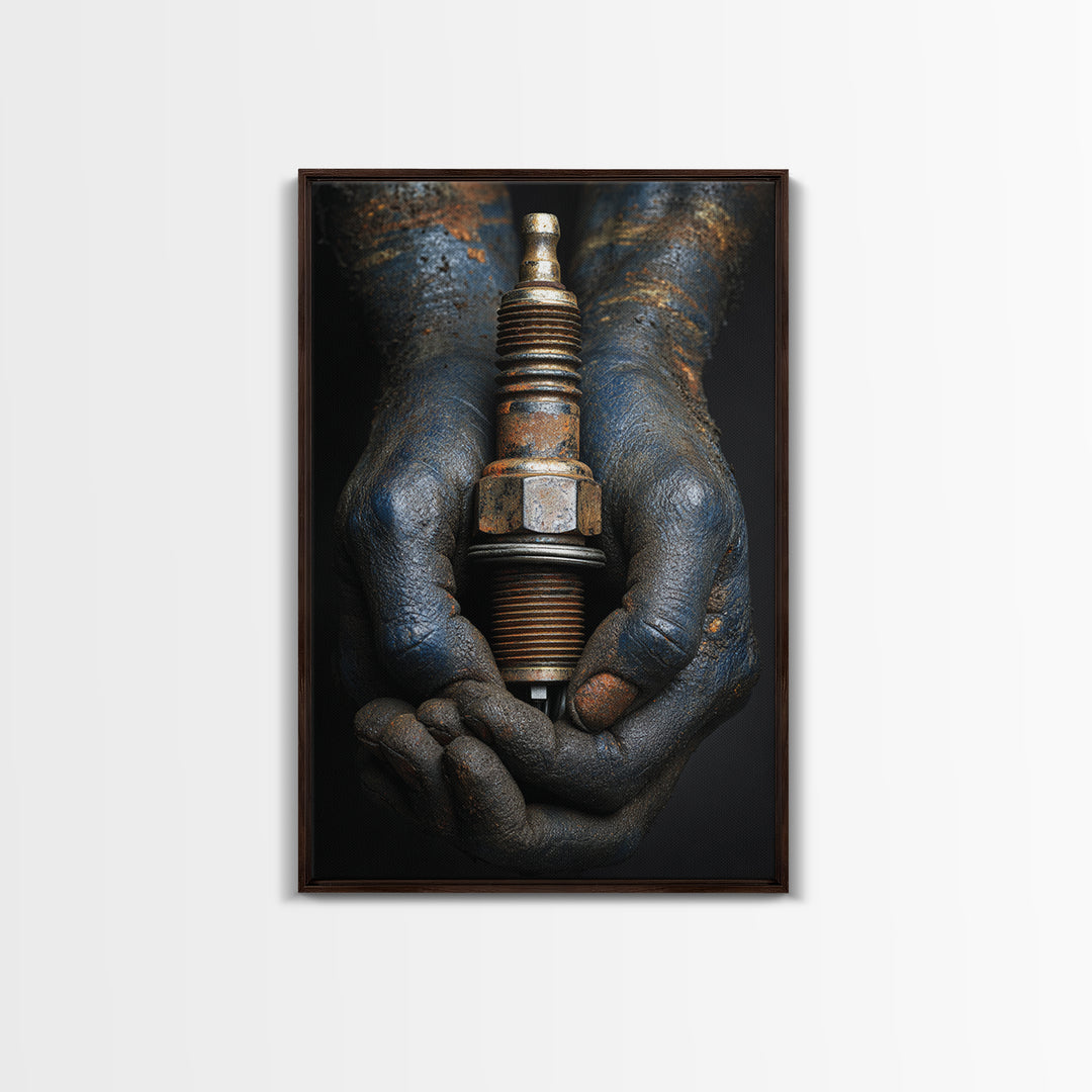 Mechanic Hands Holding a Spark Plug Canvas Print, Garage Art, Garage Decor, Abstract Art, Motor, Game Room Decor, GAR-2x3-86