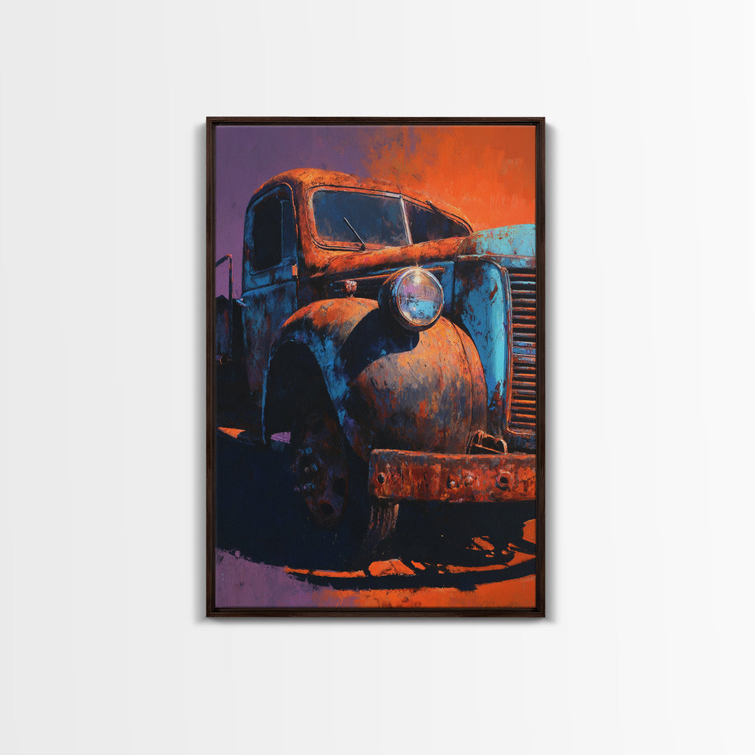 Pickup Truck in Dusty Sunset Light Framed Canvas Print, Garage Art, Metal Art, Garage Decor, Motor, Garage Art Poster Download, GAR-2x3-93
