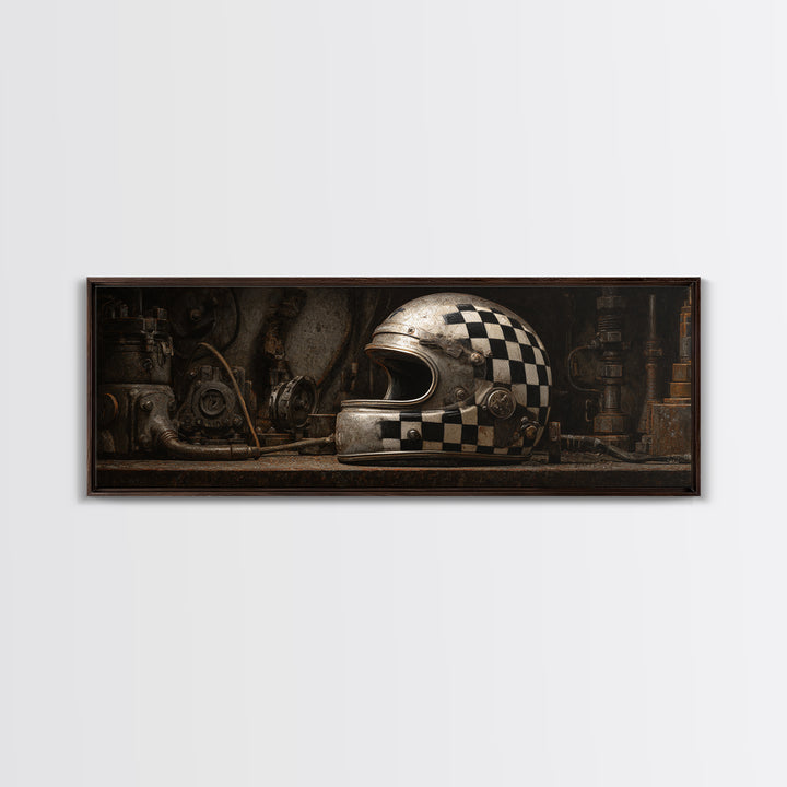 Racing Helmet with Checkered Flag Pattern Framed Canvas Print, Garage Art, Automotive Decor, Garage Decor, Fine Art, Motor, GAR-3x1-12
