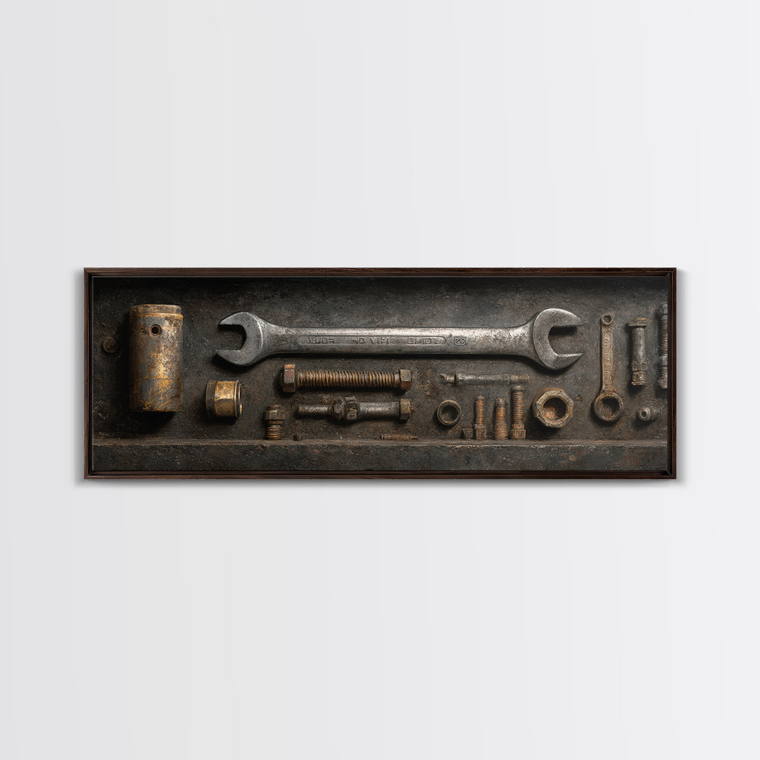 Wrench and Bolts Arranged Like Old Master Canvas Print, Garage Art, Canvas Wall Art, Garage Decor, Abstract Art, Motor, GAR-3x1-34