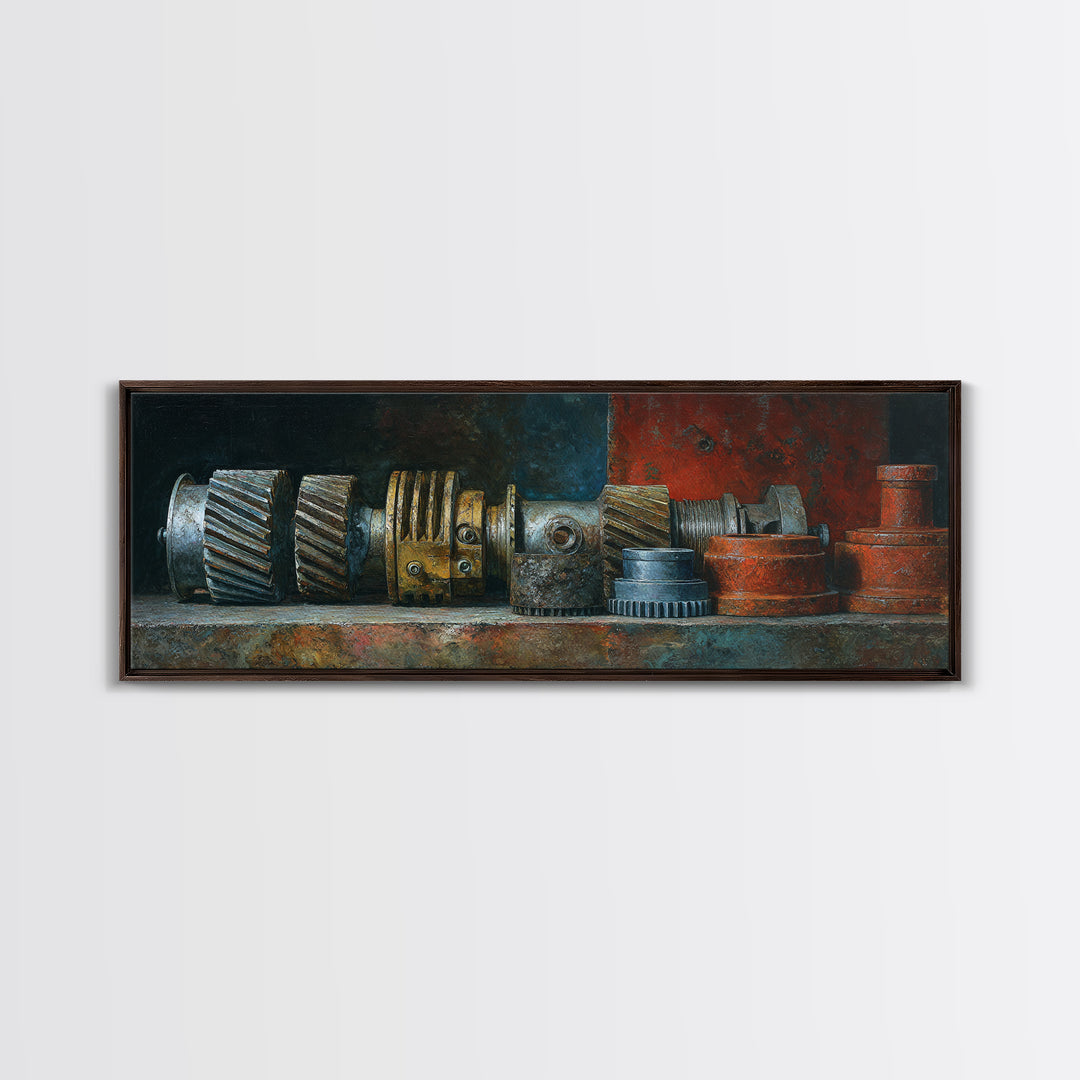Camshaft and Gears Industrial Still Life Framed Canvas Print, Garage Art, Contemporary Art, Garage Decor, Fine Art, Motor, GAR-3x1-55