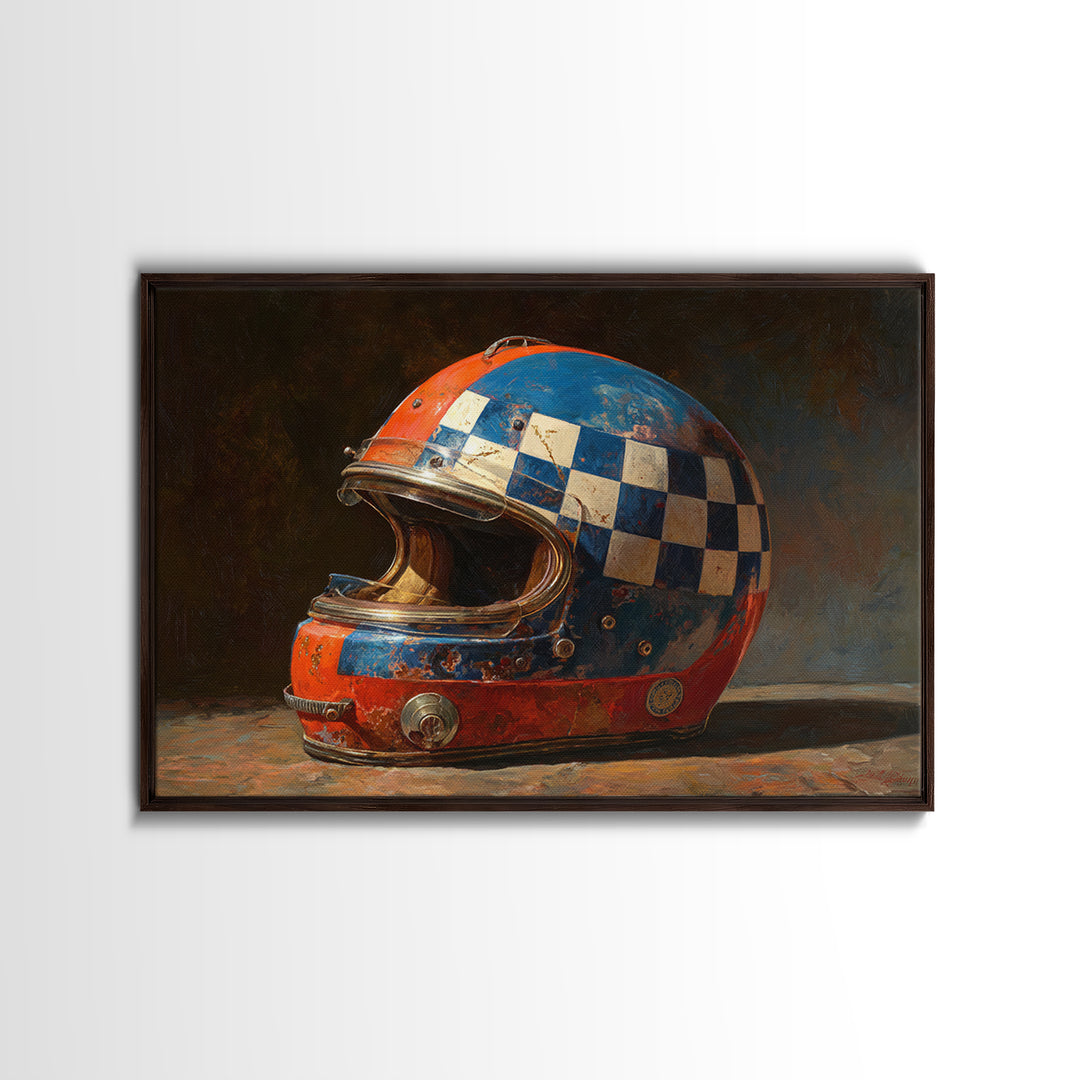 Racing Helmet with Checkered Flag Pattern Framed Canvas Print, Garage Art, Black and White Art, Garage Decor, Fine Art, Motor, GAR-3x2-24