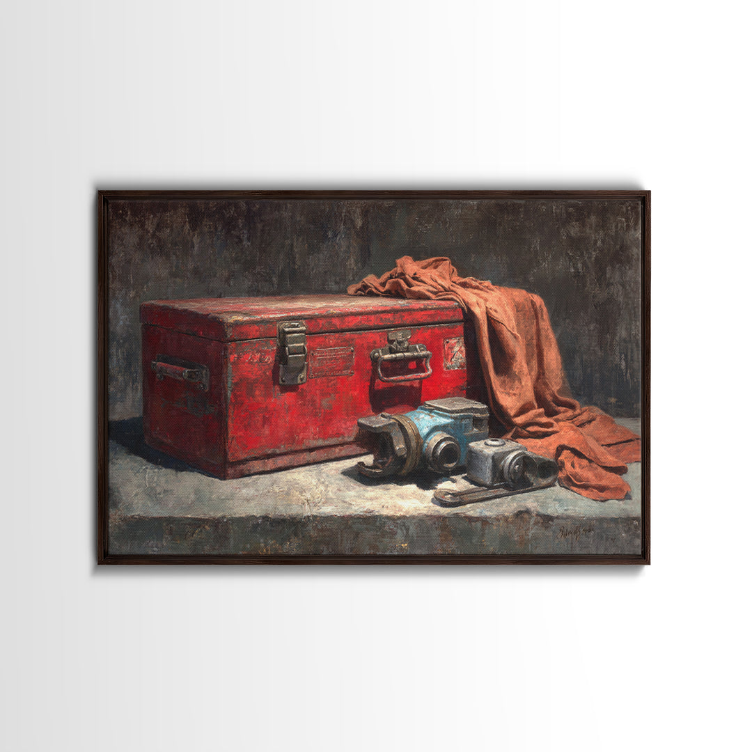 Old Toolbox with Oil Stained Rag Still Framed Canvas Print, Garage Art, Automotive Decor, Garage Decor, Fine Art, Motor, GAR-3x2-31