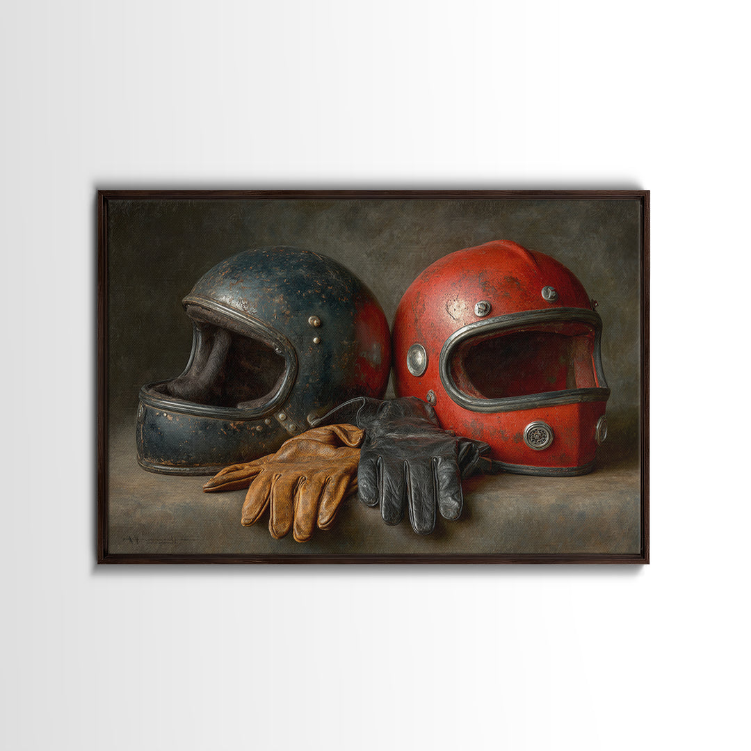 Motorcycle Helmet and Leather Gloves Still Life Canvas Print, Garage Art, Game Room Art, Garage Decor, Oil Painting, Motor, GAR-3x2-37