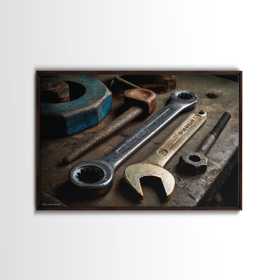 Wrench and Bolts Arranged Like Old Master Framed Canvas Print, Garage Art, Car Art, Garage Decor, Motor, Garage Art Poster, GAR-3x2-70