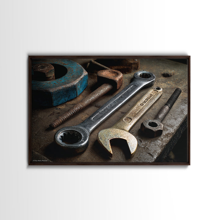 Wrench and Bolts Arranged Like Old Master Framed Canvas Print, Garage Art, Car Art, Garage Decor, Motor, Garage Art Poster, GAR-3x2-70