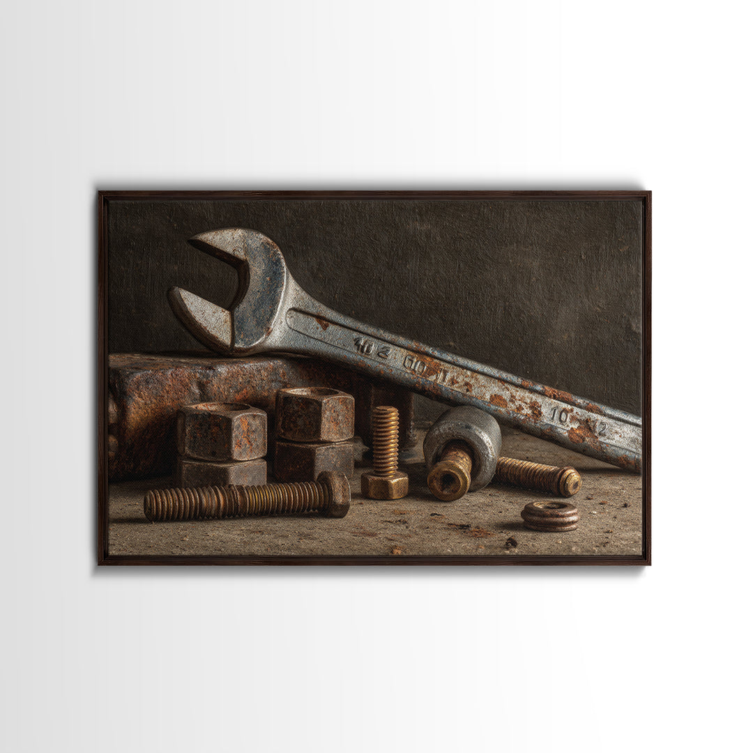 Wrench and Bolts Arranged Like Old Master Canvas Print, Garage Art, Industrial Wall Art, Garage Decor, Abstract Art, Motor, GAR-3x2-94