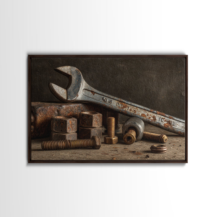 Wrench and Bolts Arranged Like Old Master Canvas Print, Garage Art, Industrial Wall Art, Garage Decor, Abstract Art, Motor, GAR-3x2-94