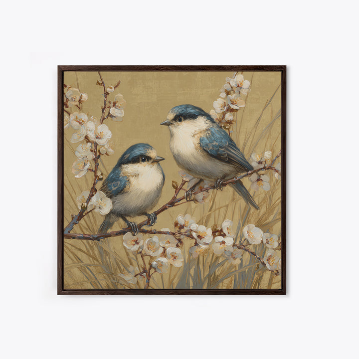 Small Bird Pair on Flowering Branch Framed Canvas Print, Guest Bedroom Art, Living Room Wall Art, Bedroom Decor, Watercolor Art, GBA-1x1-52