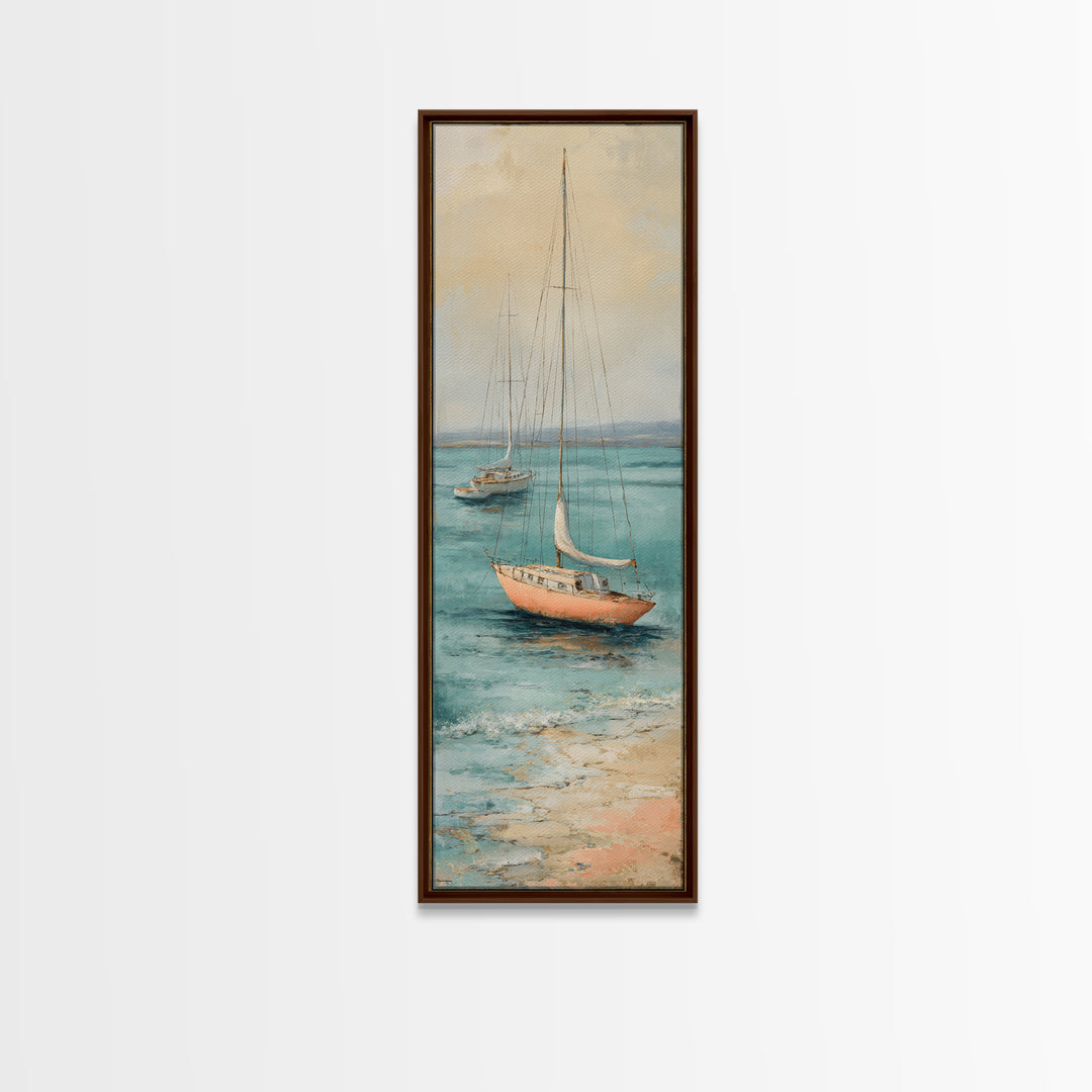 Soft Watercolor Sailboat on Quiet Water Framed Canvas Print, Guest Bedroom Art, Funky Wall Art, Bedroom Decor, Oil Painting, GBA-1x3-30
