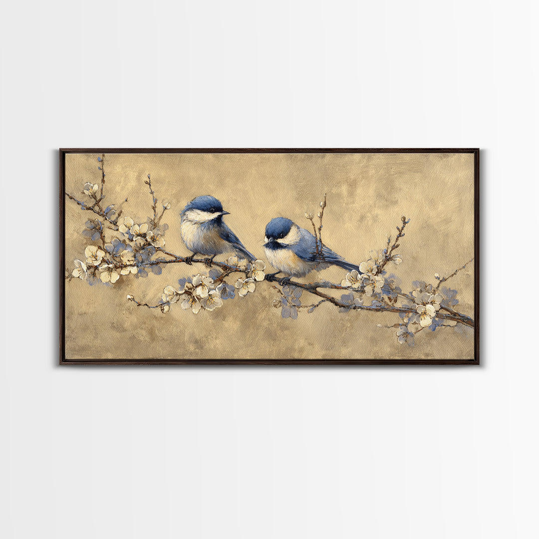 Small Bird Pair on Flowering Branch Framed Canvas Print, Guest Bedroom Art, Bedroom Decor, Oil Painting, Guest, GBA-2x1-24