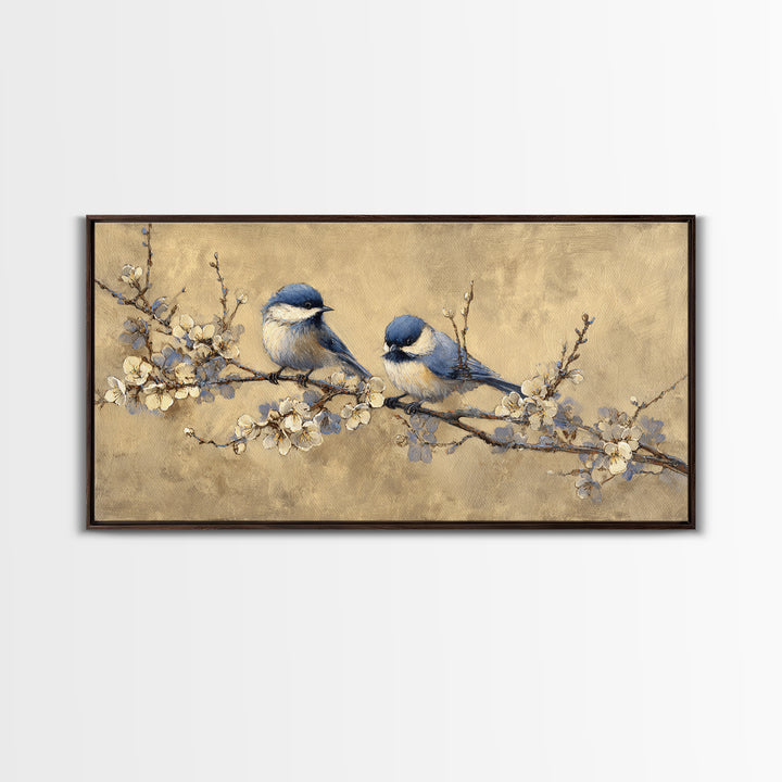 Small Bird Pair on Flowering Branch Framed Canvas Print, Guest Bedroom Art, Bedroom Decor, Oil Painting, Guest, GBA-2x1-24