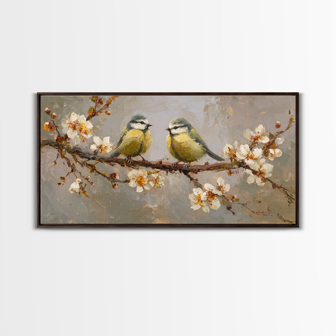 Small Bird Pair on Flowering Branch Framed Canvas Print, Guest Bedroom Art, Bedroom Decor, Watercolor Art, Guest, GBA-2x1-72
