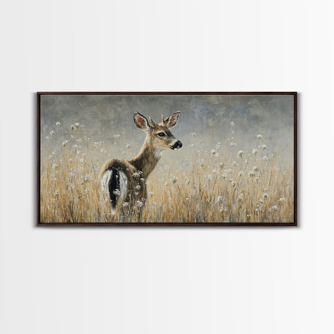 Sunlit Meadow with Delicate Flowers Framed Canvas Print, Guest Bedroom Art, Bedroom Decor, Oil Painting, Guest, GBA-2x1-83