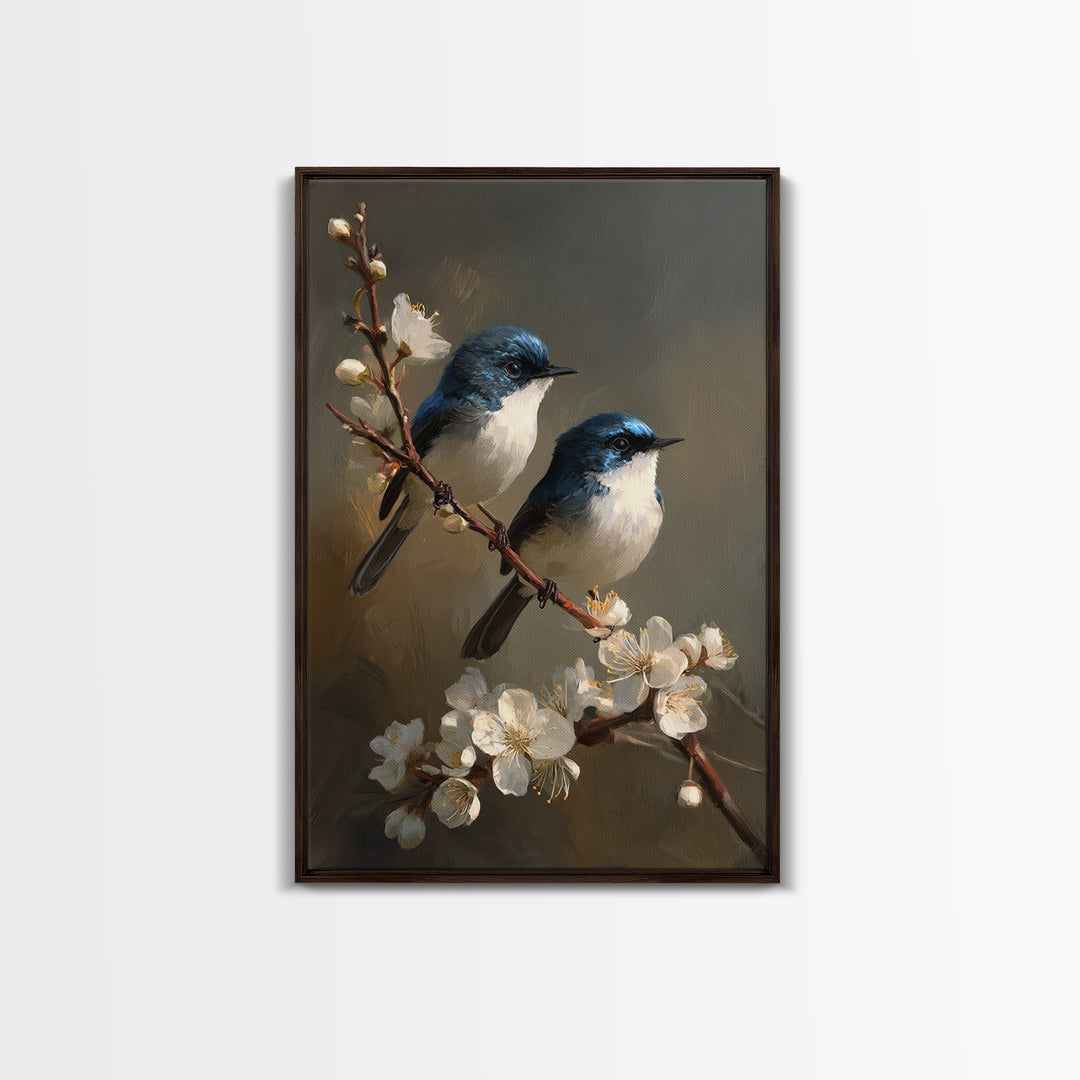 Small Bird Pair on Flowering Branch Framed Canvas Print, Guest Bedroom Art, Minimalist Decor, Bedroom Decor, Fine Art, Guest, GBA-2x3-12