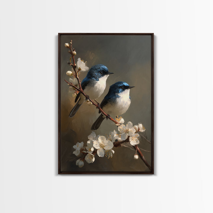 Small Bird Pair on Flowering Branch Framed Canvas Print, Guest Bedroom Art, Minimalist Decor, Bedroom Decor, Fine Art, Guest, GBA-2x3-12