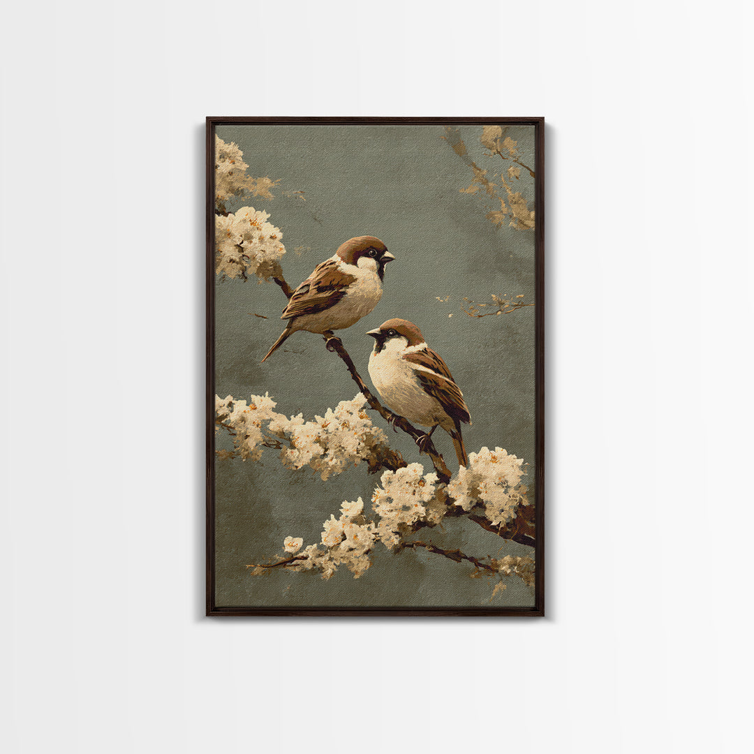 Small Bird Pair on Flowering Branch Framed Canvas Print, Guest Bedroom Art, Wall Art, Bedroom Decor, Watercolor Art, Guest, GBA-2x3-60