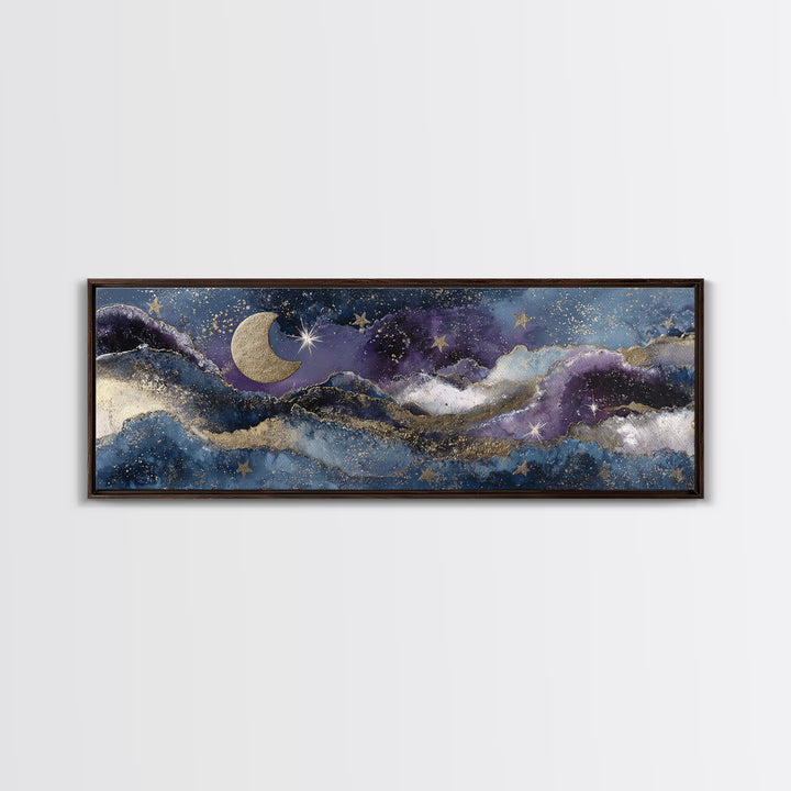 Minimal Moon and Stars Composition Framed Canvas Print, Guest Bedroom Art, New Home, Bedroom Decor, Watercolor Art, Guest, GBA-3x1-32