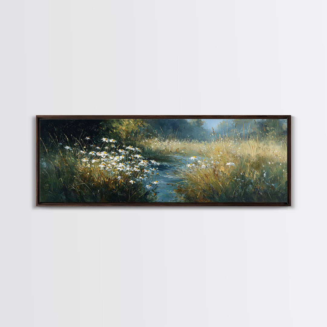 Sunlit Meadow with Delicate Flowers Framed Canvas Print, Guest Bedroom Art, Bedroom Decor, Oil Painting, Guest, GBA-3x1-55