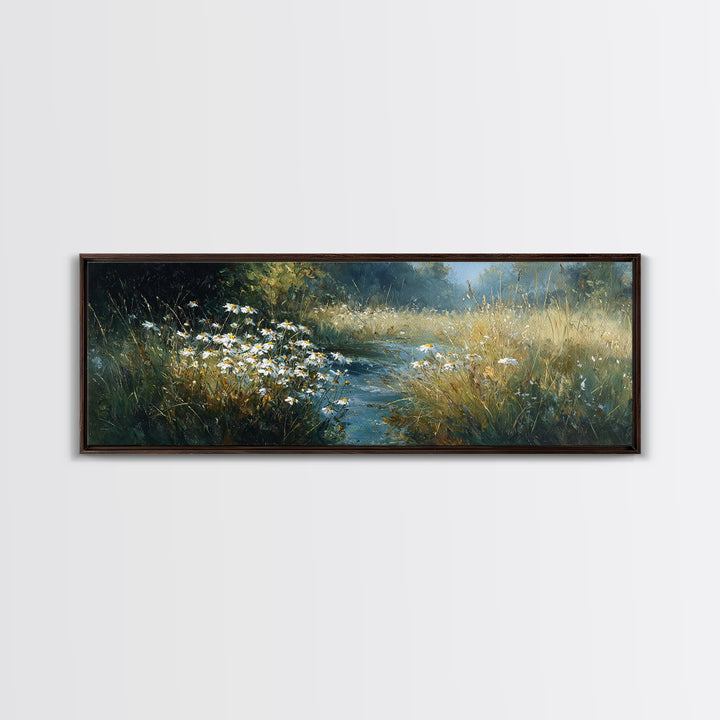 Sunlit Meadow with Delicate Flowers Framed Canvas Print, Guest Bedroom Art, Bedroom Decor, Oil Painting, Guest, GBA-3x1-55