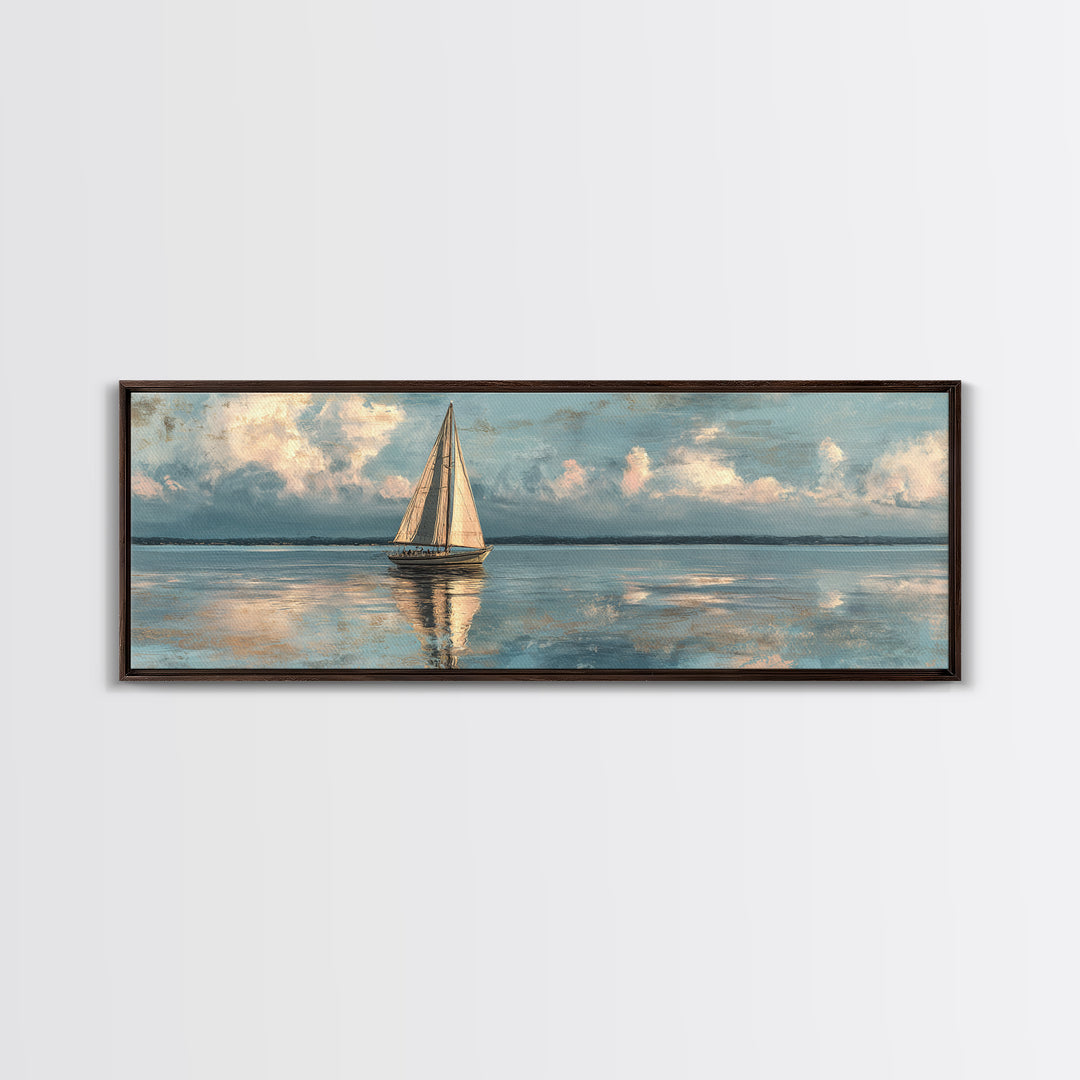 Soft Watercolor Sailboat on Quiet Water Framed Canvas Print, Guest Bedroom Art, New Home Gift, Bedroom Decor, Fine Art, Guest, GBA-3x1-58