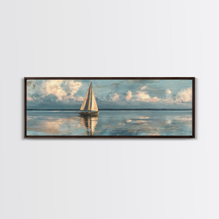 Soft Watercolor Sailboat on Quiet Water Framed Canvas Print, Guest Bedroom Art, New Home Gift, Bedroom Decor, Fine Art, Guest, GBA-3x1-58