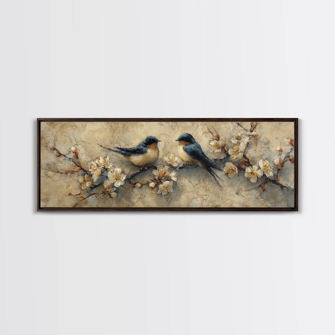 Small Bird Pair on Flowering Branch Framed Canvas Print, Guest Bedroom Art, Contemporary Art, Bedroom Decor, Fine Art, Guest, GBA-3x1-68