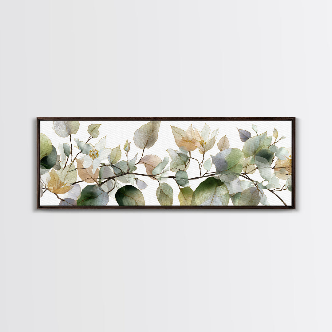 Calming Eucalyptus Watercolor Branches Framed Canvas Print, Guest Bedroom Art, Pink Wall Art, Bedroom Decor, Fine Art, Guest, GBA-3x1-74