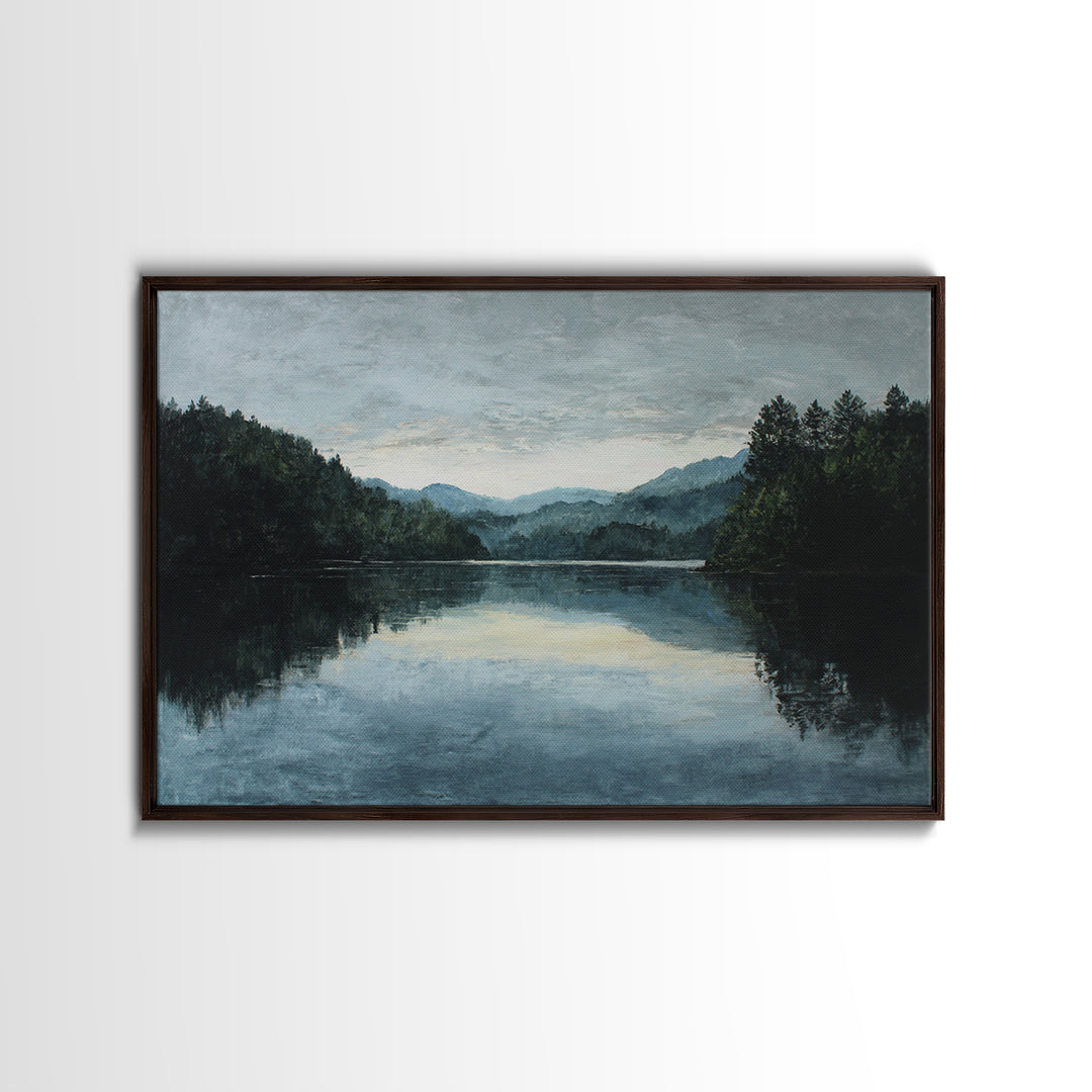 Quiet Lake Landscape at Early Morning Framed Canvas Print, Guest Bedroom Art, Farmhouse Wall Decor, Bedroom Decor, Guest, GBA-3x2-78
