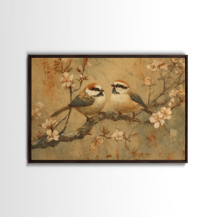 Small Bird Pair on Flowering Branch Framed Canvas Print, Guest Bedroom Art, Statement Artwork, Bedroom Decor, Fine Art, Guest, GBA-3x2-80