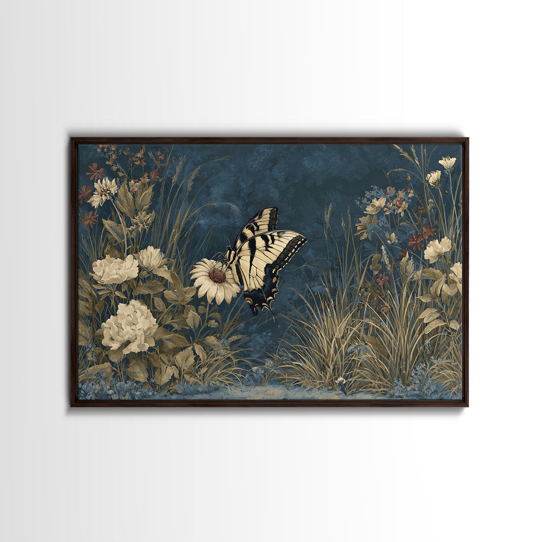 Garden Butterfly and Flowers Specimen Study Framed Canvas Print, Guest Bedroom Art, Minimalist Decor, Bedroom Decor, Guest, GBA-3x2-99