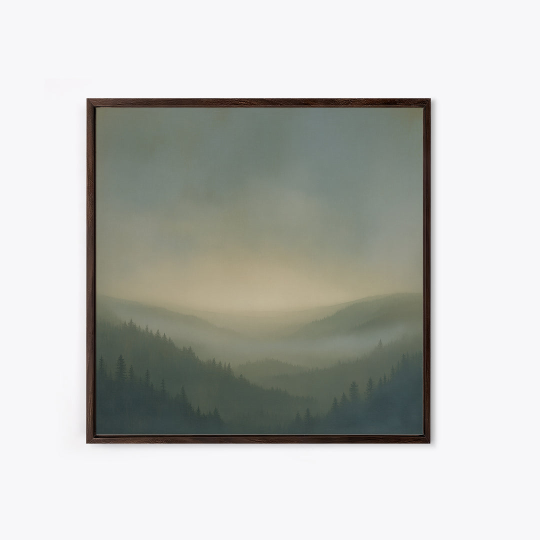 Misty Mountain Valley Framed Canvas Print, General Fine Art, Digital Print, Living Room Decor, Watercolor Art, GEN-1x1-100