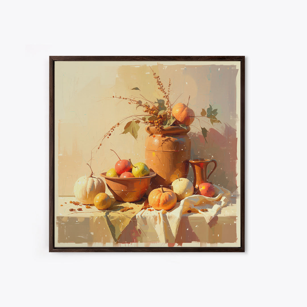 Simple Still Life of Fruit and Linen Framed Canvas Print, General Fine Art, Wall Art Prints, Living Room Decor, Abstract Art, GEN-1x1-16