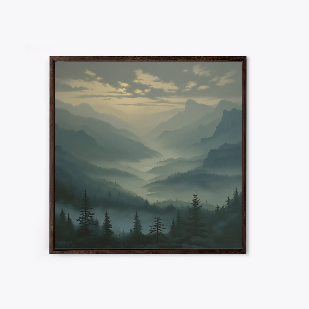 Misty Mountain Valley Framed Canvas Print, General Fine Art, Decor, Living Room Decor, Fine Art, Digital Wall Art, GEN-1x1-28
