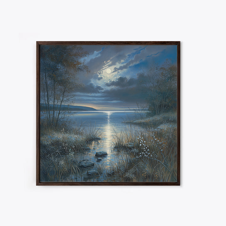 Dreamlike Moonlit Lake Framed Canvas Print, General Fine Art, Boho Decor, Living Room Decor, Fine Art, Wall Decor, GEN-1x1-61