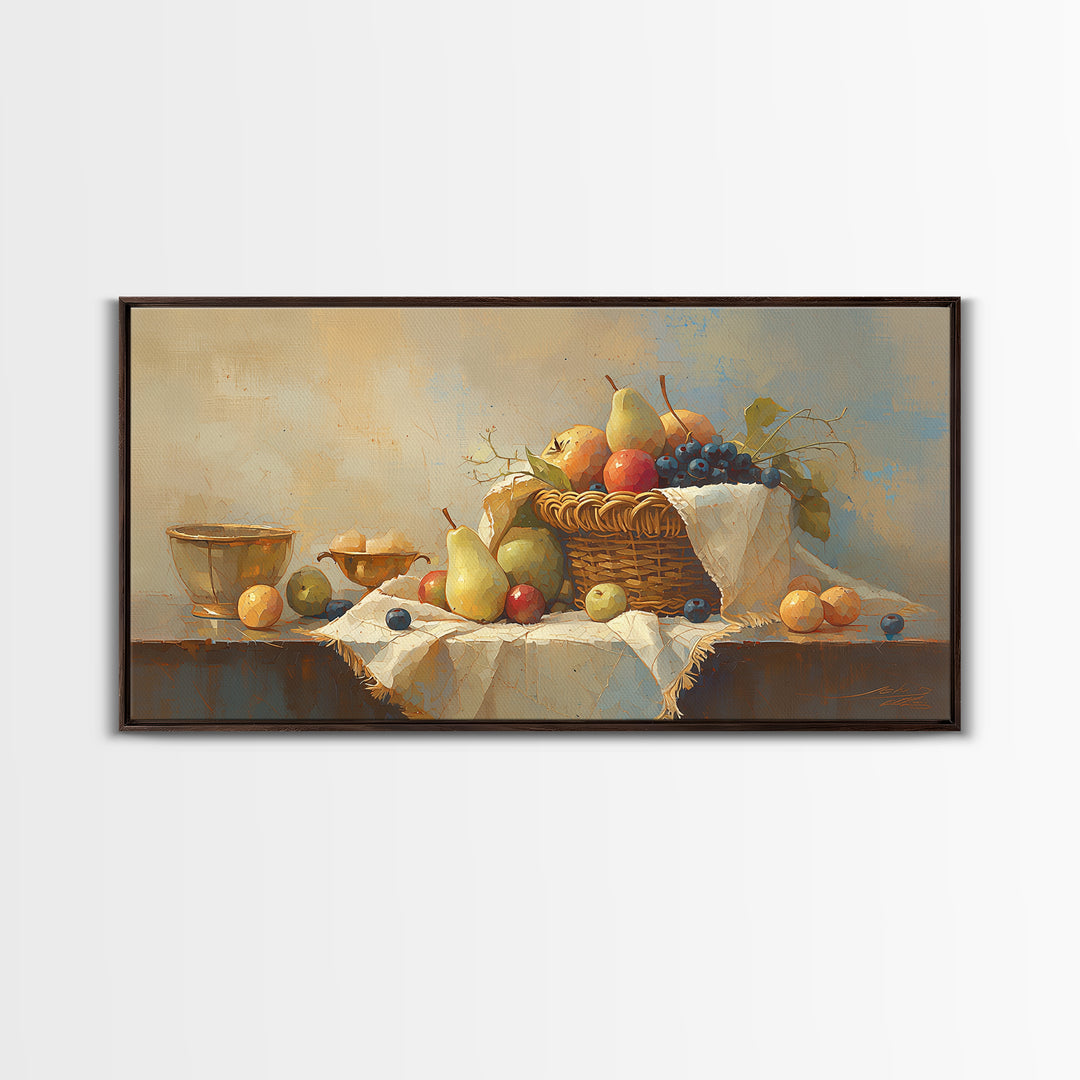 Simple Still Life of Fruit and Linen Framed Canvas Print, General Fine Art, Room Decor, Living Room Decor, Abstract Art, GEN-2x1-12