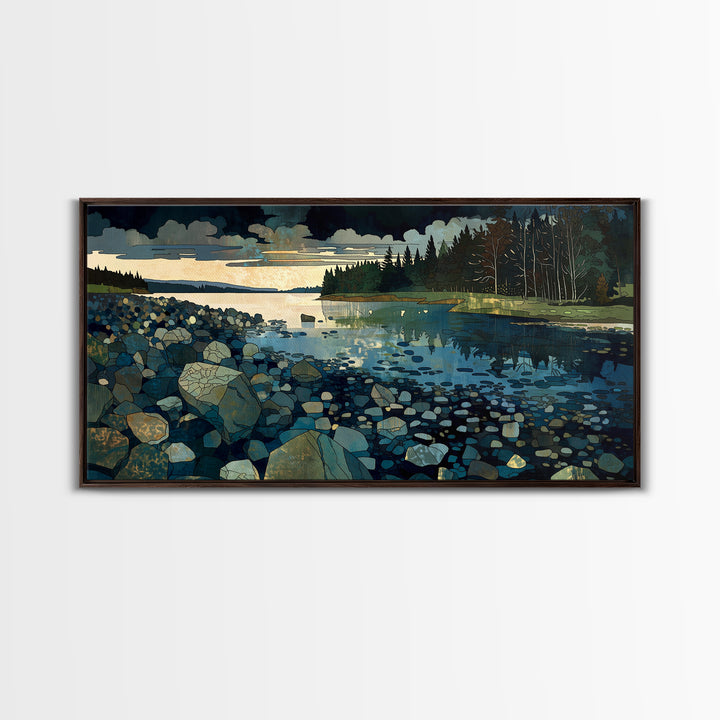 Quiet Abstract River Shape Framed Canvas Print, General Fine Art, Statement Artwork, Living Room Decor, Abstract Art, GEN-2x1-20