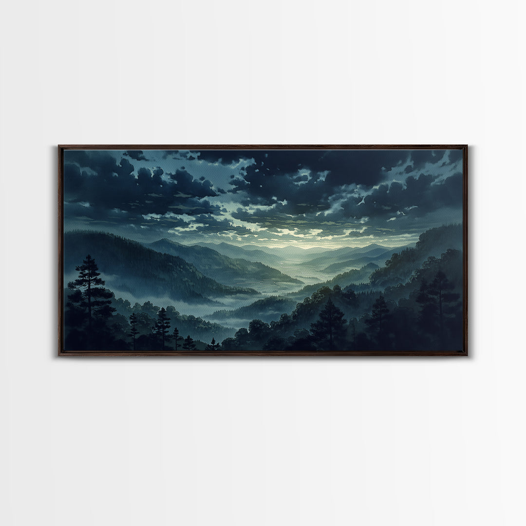 Misty Mountain Valley Framed Canvas Print, General Fine Art, Minimalist Decor, Living Room Decor, Oil Painting, GEN-2x1-24