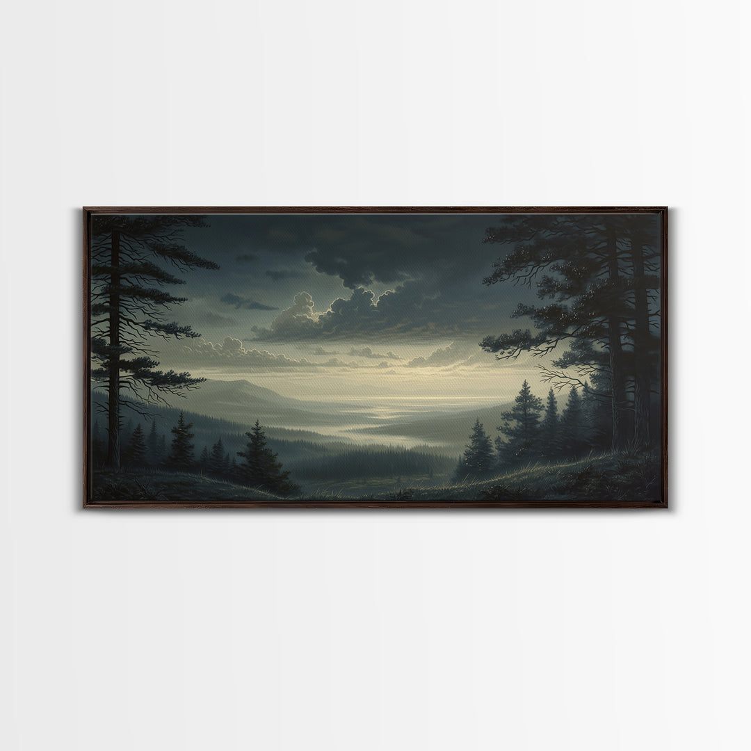Moody Forest Clearing Framed Canvas Print, General Fine Art, Contemporary Art, Living Room Decor, Fine Art, Digital Art, GEN-2x1-28