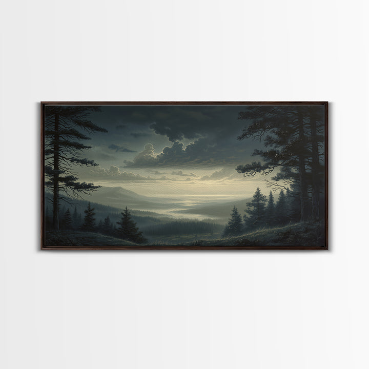 Moody Forest Clearing Framed Canvas Print, General Fine Art, Contemporary Art, Living Room Decor, Fine Art, Digital Art, GEN-2x1-28