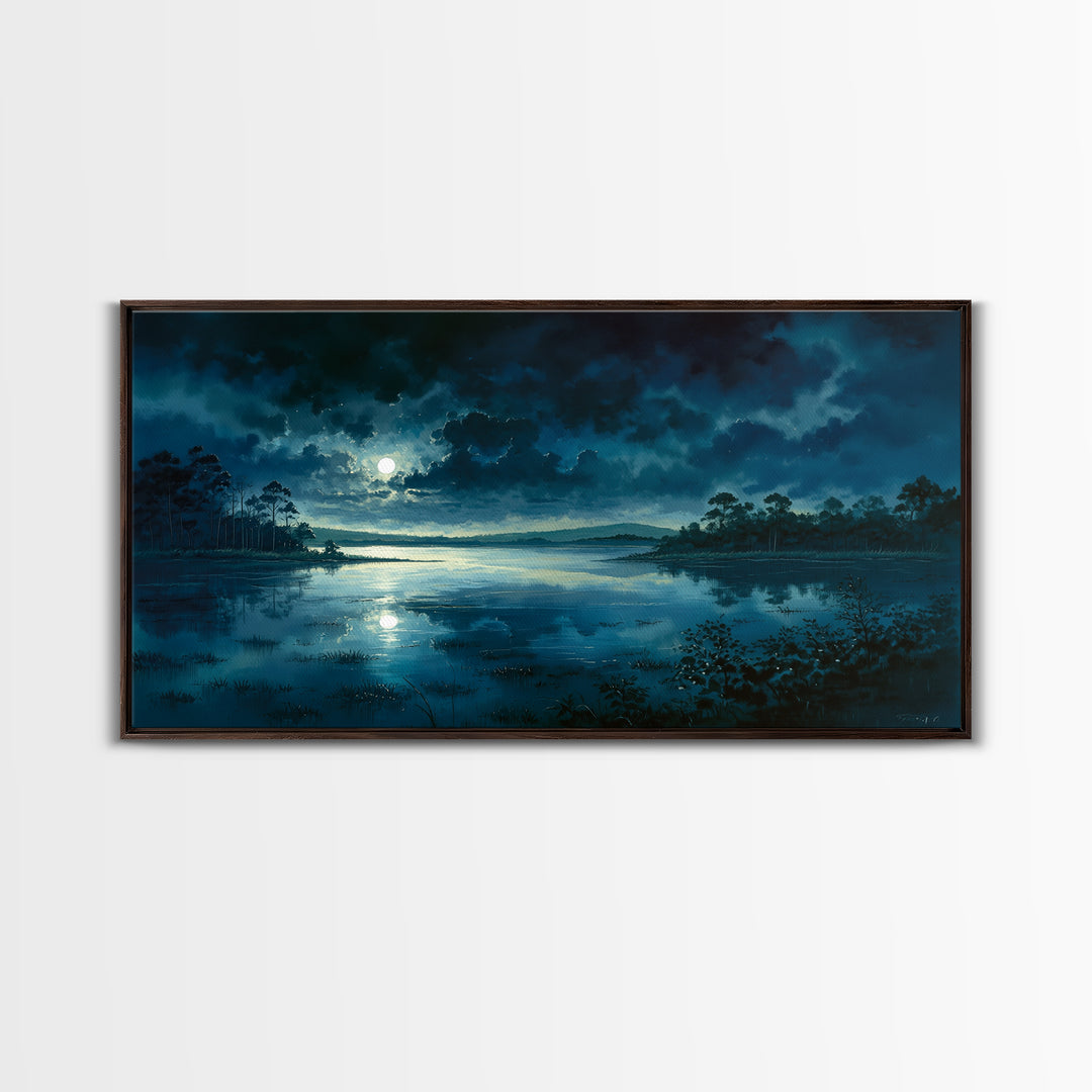 Dreamlike Moonlit Lake Framed Canvas Print, General Fine Art, Art, Living Room Decor, Fine Art, Mid Century Modern, GEN-2x1-33
