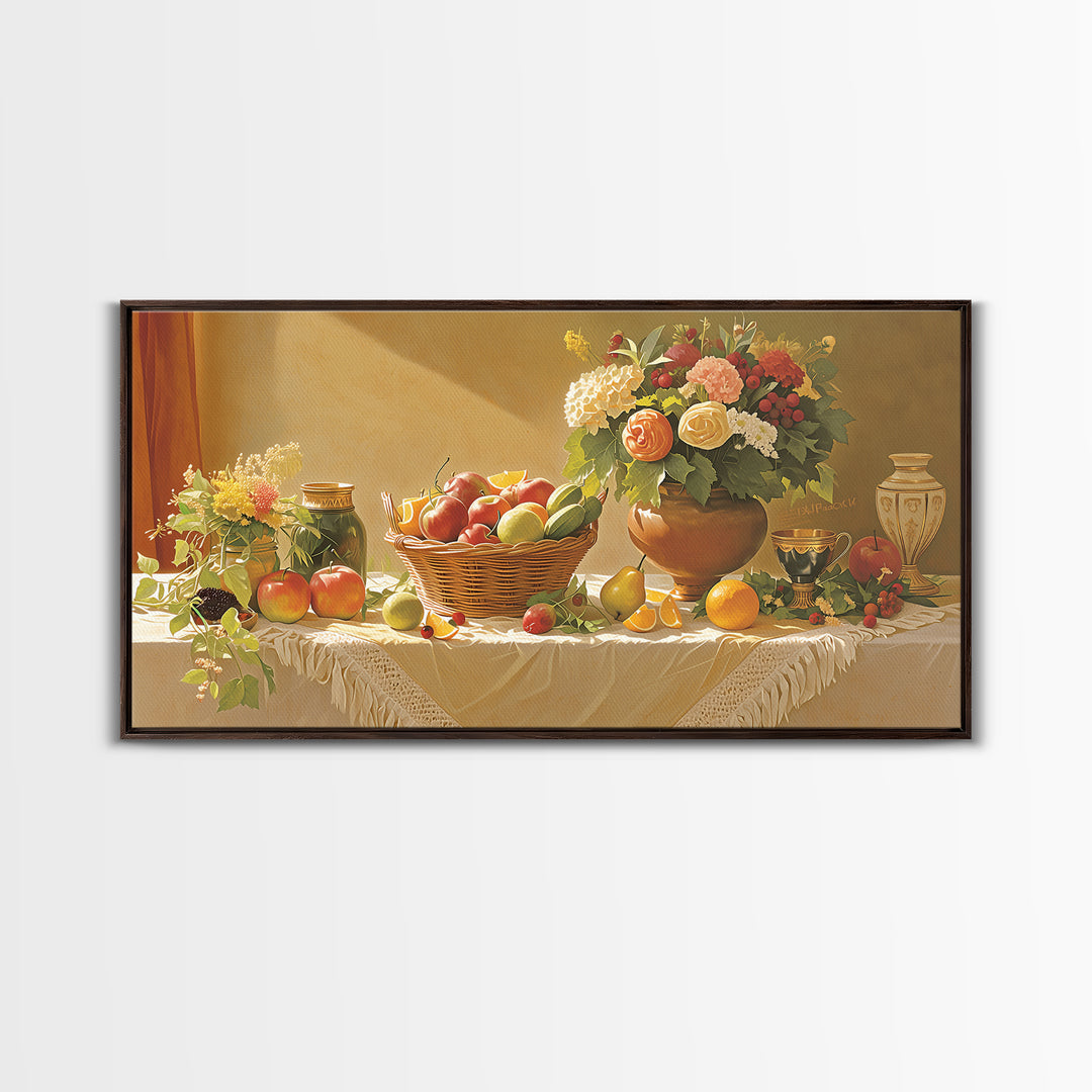 Simple Still Life of Fruit and Linen Framed Canvas Print, General Fine Art, Decor, Living Room Decor, Fine Art, GEN-2x1-60