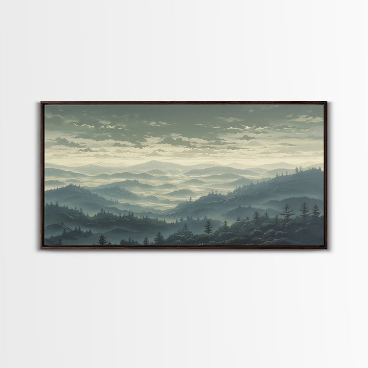 Misty Mountain Valley Framed Canvas Print, General Fine Art, Art Prints, Living Room Decor, Fine Art, Wall Hanging, GEN-2x1-72