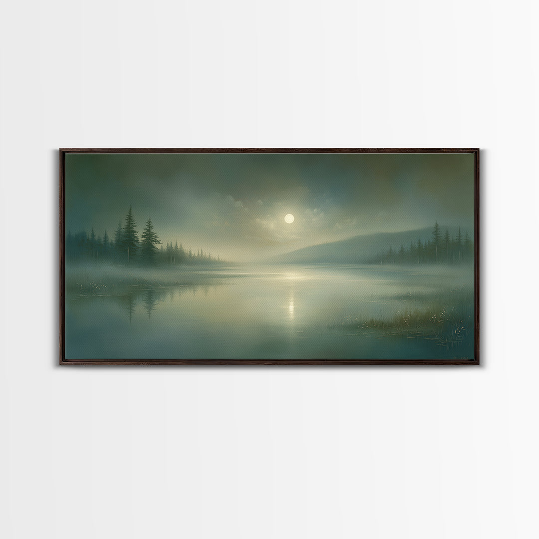 Dreamlike Moonlit Lake Framed Canvas Print, General Fine Art, Wall Art Prints, Living Room Decor, Watercolor Art, GEN-2x1-81