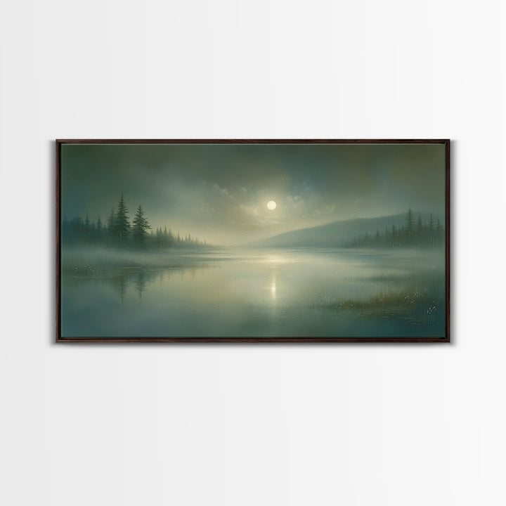 Dreamlike Moonlit Lake Framed Canvas Print, General Fine Art, Wall Art Prints, Living Room Decor, Watercolor Art, GEN-2x1-81